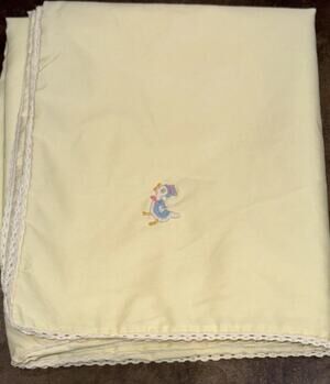 Vintage 1960s 70s Yellow Baby Blanket Embroidered Duck Crochet Lace Trim 43x39